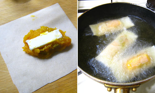 かぼちゃをつぶして春巻きで巻いて揚げる