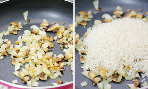 玉葱と米を炒める